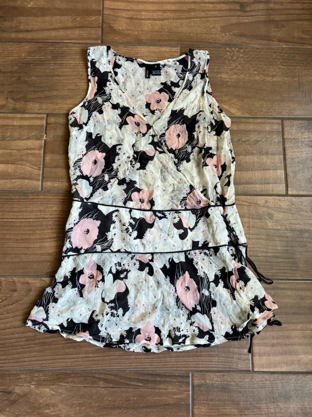 Kenzie 100% Silk Floral Lace-Up Sleeveless Blouse Size 10 Boho Peplum Top